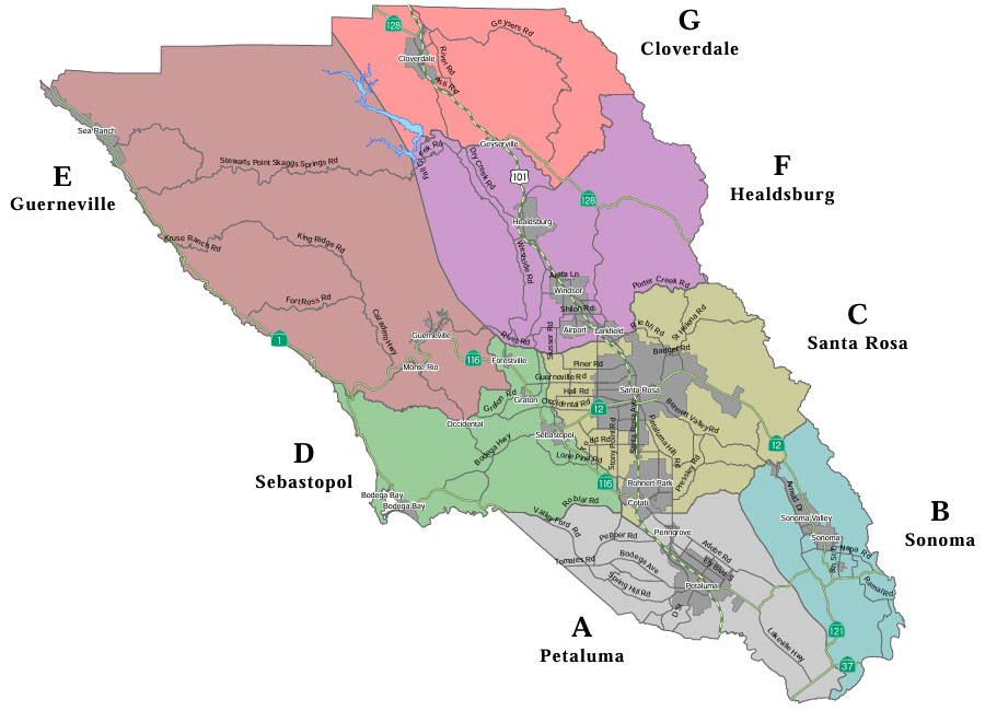 Percolation Test and Groundwater Determination Map All Zones: Zone A Petaluma, Zone B Sonoma, Zone C Santa Rosa, Zone D Sebastopol, Zone E Guerneville, Zone F Healdsburg, Zone G Cloverdale