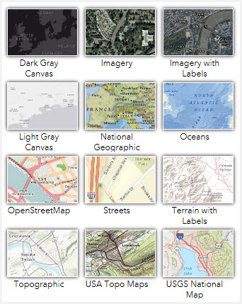 Map Viewer Guidelines Basemaps: Dark Gray Canvas, Imagery, Imagery with Labels, Light Gray Canvas, National Geographic, Oceans, OpenStreetMap, Streets, Terrain with Labels, Topographic, USA Topographic Maps, USGS National Map