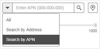 search bar with the following drop down choices: All, Search by Address, and Search by APN with Search by APN selected