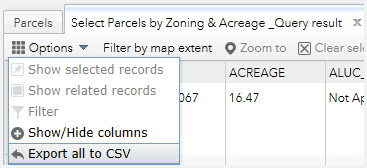 Parcels tab open with Export all to CSV selected