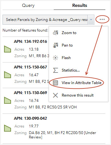 Zoning and Acreage Query Tool results for 4 example parcels with the View in Attribute Table option circled