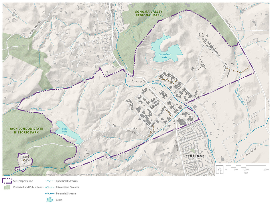 map of Sonoma Developmental Center (SDC) showing site boundaries, building locatons, streams, etc.