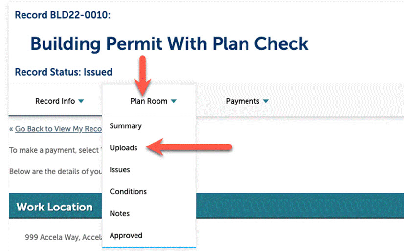 Permit record page with arrow pointing to Plan Room drop down list and a second arrow pointing to Uploads