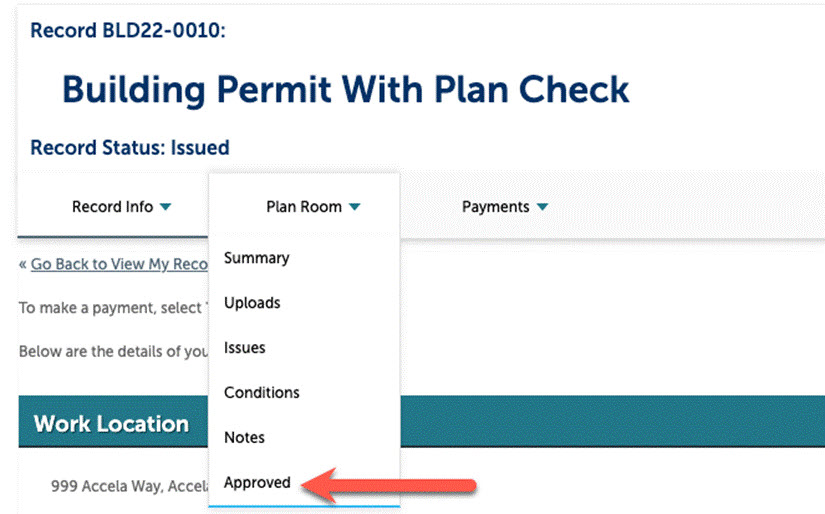 Permit record page with arrow pointing to Approved