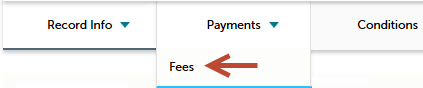Screen capture image showing the location of the Payments link and the Fees link