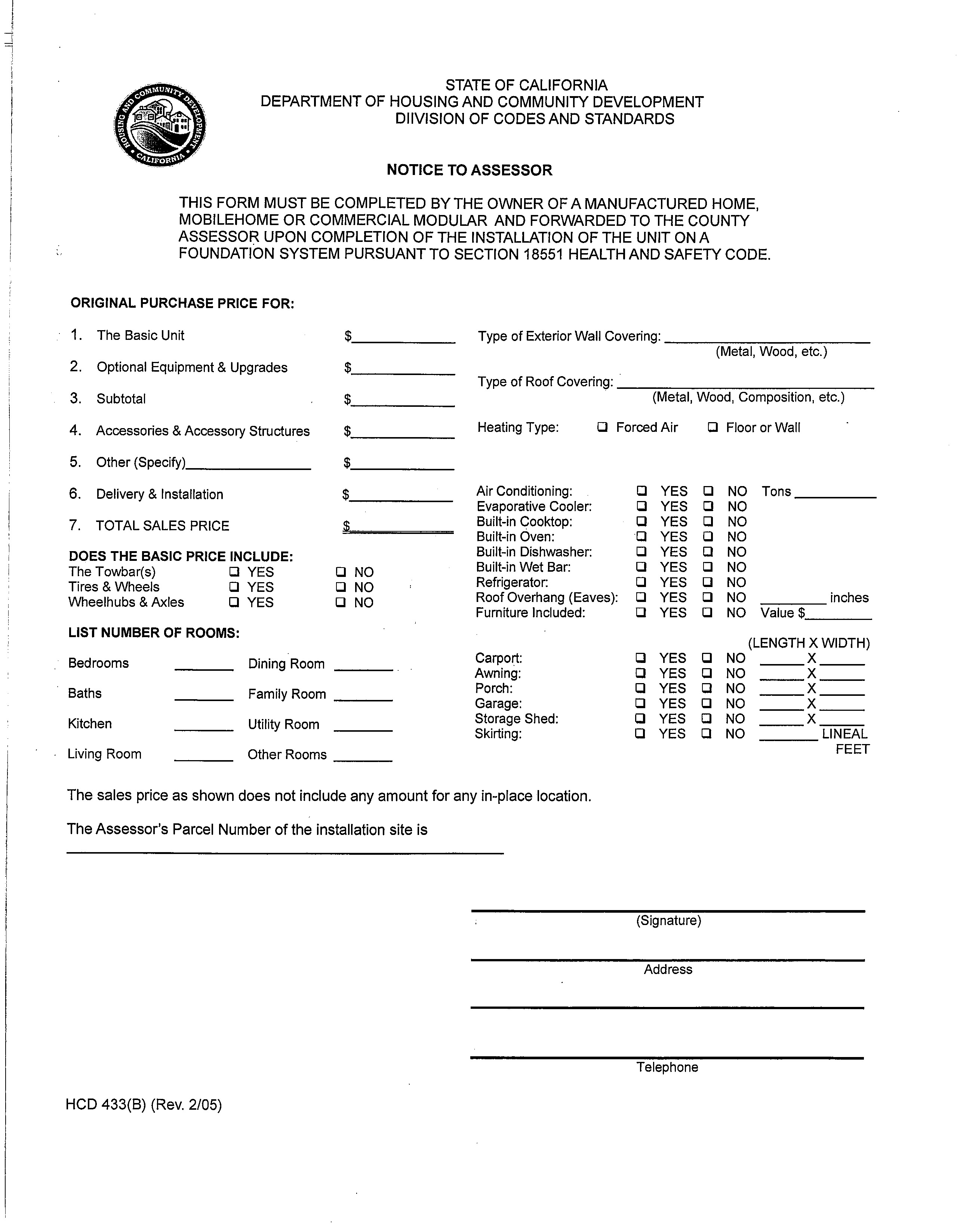 Sample Form HCD 433B, Notice to Assessor. For accessibility assistance with this document, please contact the Sonoma County Permit and Resource Management Department (PRMD) at (707) 565-1900.