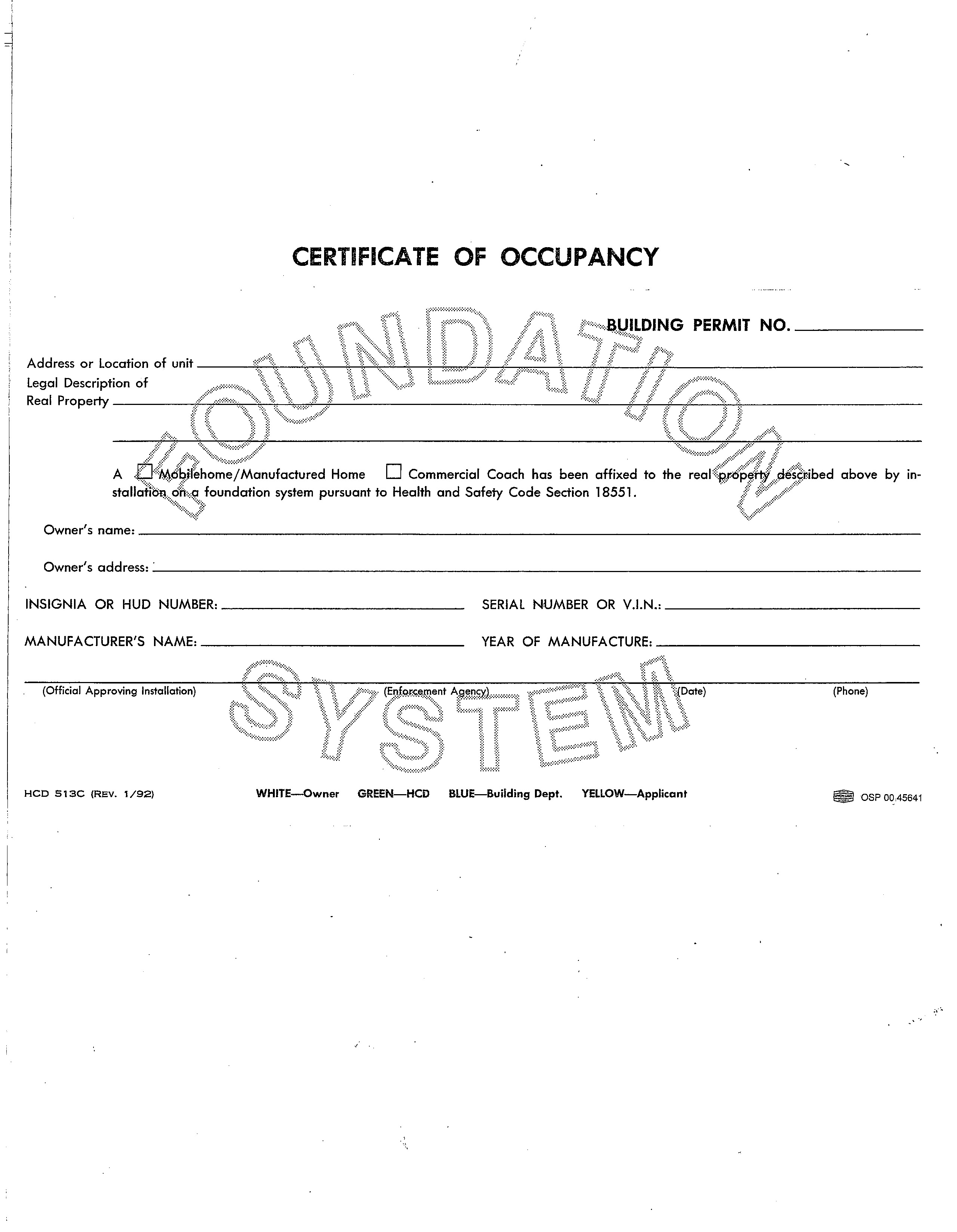 Sample HCD 513C Certificate of Occupancy. For accessibility assistance with this document, please contact the Sonoma County Permit and Resource Management Department (PRMD) at (707) 565-1900.